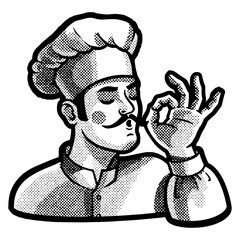 Wall Mural - bellissimo gesture chef cook sketch halftone pattern PNG illustration. Scratch board imitation. Black and white hand drawn image.