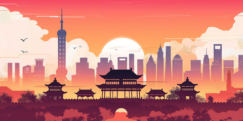 Poster - Shanghai skyline with oriental temple at sunset