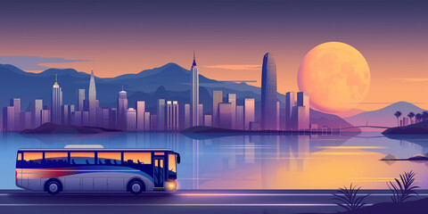 Poster - Passenger bus driving on highway along bay with modern city skyline and big moon at sunset