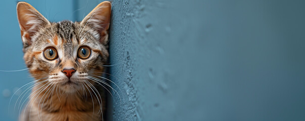 Cat peeking from behind a blue wall, with big eyes and whiskers visible. Orange cat close-up in an urban setting.  Cat, kitten, cat face in focus with blurred background. Copy cpace