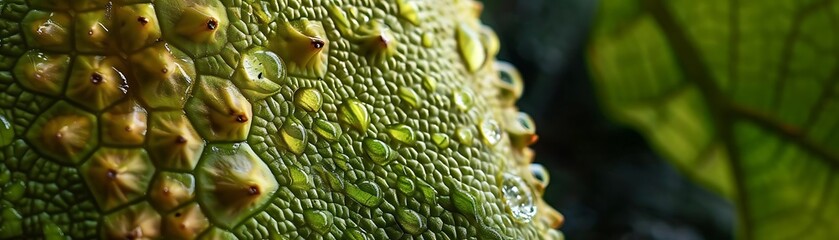 Wall Mural - Close-Up Macro Photography of Dew Drops on a Green Plant with Spiky Texture - Illustration