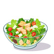 © Kristina - Caesar salad in glass bowl on a white background in cartoon style. Chicken caesar salad vector illustration, color clip art for menu, poster.