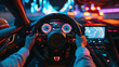 © scaliger - Pov view of hands of driver holding wheel, windshield and navigation, dashboard inside car at night. Concept of drive, interior, road, steering
