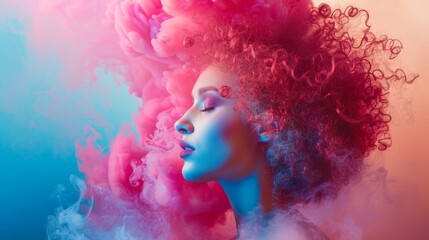 Wall Mural - Colorful Portrait of Woman with Curly Hair and Smoke