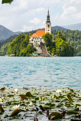 Wall Mural - Panoramic view from Lake Bled, beauty heritage in Slovenia. Island with church and castle in the background create a dream setting. View from Ojstrica and Mala Osojnica with the heart-shaped bench.