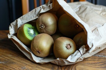 Poster - Fresh kiwi fruit spilling out of a brown paper bag, ready to be enjoyed as a healthy snack or ingredient