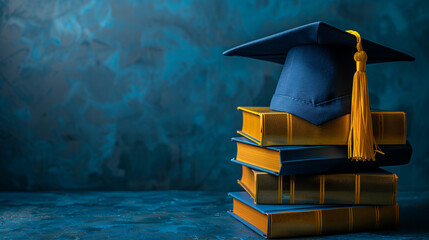 Wall Mural - Graduation cap on the stack of blue and golden yellow books isolated in blue background with copyspace