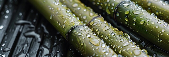 Wall Mural - Closeup of Dew Drops on Green Bamboo Sticks - Realistic Photo