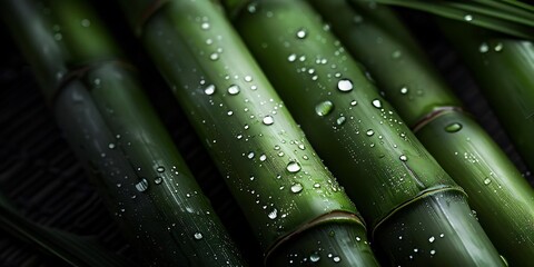 Wall Mural - Green Bamboo Shoots with Dew Drops - Macro Photography