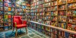 © Man888 - Colorful comic books and magazines fill shelves in a bustling store, with a single, half-visible chair implying a reader's recent enthusiastic presence, surrounded by vibrant covers.