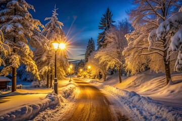 Poster - Serene winter night scene featuring a snow-covered road illuminated by a warm street light, casting a golden glow on the frozen landscape.