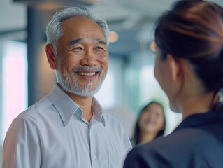 Wall Mural - A man in a blue shirt talks to a woman, illustration of communication and interaction