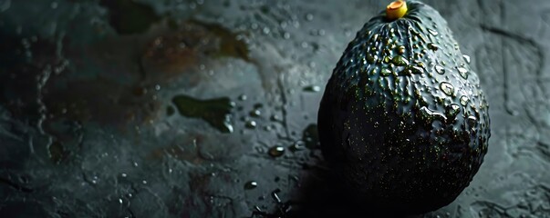 Poster - Close Up of a Wet, Green Avocado on a Black Background