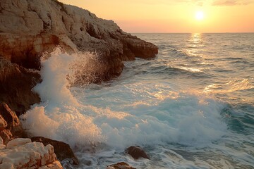 Sticker - Waves crashing against rocky cliffs at sunset with the sun low on the horizon