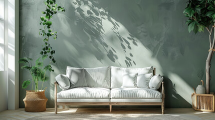 Sunlit living room featuring a white sofa, green plants, and a peaceful, natural ambiance with shadows on the wall.