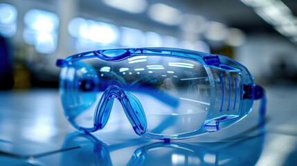 Close-up of blue safety goggles on a table in an industrial setting with blurred background, highlighting safety and protection.