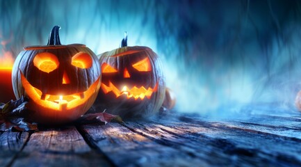 Two pumpkins with glowing eyes sit on a wooden table