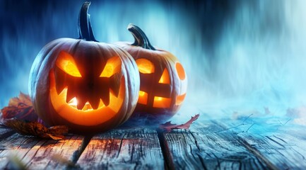 Two pumpkins with scary faces are on a wooden table