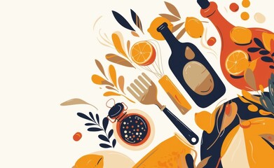 Wall Mural - Minimalist Line Art for Social Media Featuring Abstract Cooking Utensils and Ingredients Floating on White Background with Clean Lines and Simple Shapes in Pastel Colors