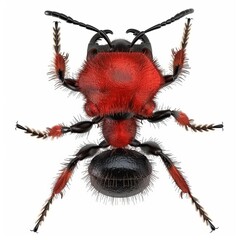 A velvet ant with striking red coloration and smooth body, isolated white background, digital art style