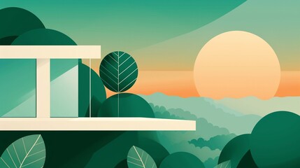Implementation of long-lasting habitat structures, showcasing durable and sustainable materials, integrated into a scenic, environmentally-friendly landscape, flat design illustration