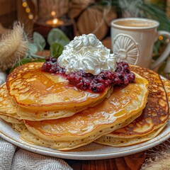 Wall Mural - Fluffy homemade pancakes topped with whipped cream, berry compote, and maple syrup, served with a cozy cup of coffee for a perfect breakfast