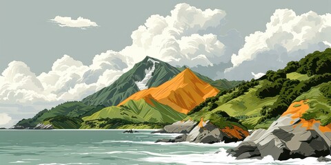 Scenic Coastal Landscape with Lush Green Hills, Rocky Shoreline, and Vibrant Orange Mountain Under Cloudy Skies by the Ocean