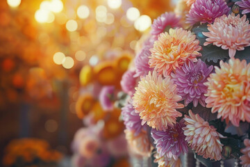 close-up image vibrant pink, orange yellow chrysanthemums in focus blurred background. flowers . open for congratulating the autumn holiday. thanksgiving