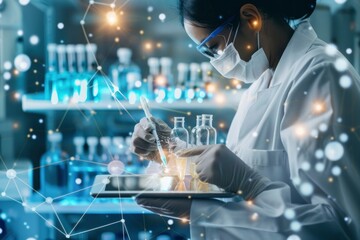 Wall Mural - Tablet, scientist and happy for analysis in laboratory, healthcare and reading of online pharmaceutical research. Asian expert, technology or connection for innovation or information - generative ai