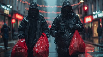 Two hooded individuals run with bags in the streets.