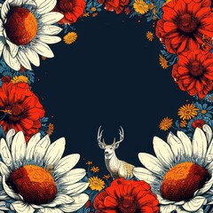 Sticker - Elegant Frame Design with Red and White Flowers and a Deer in the Center on a Dark Background - Aesthetic Botanical Illustration