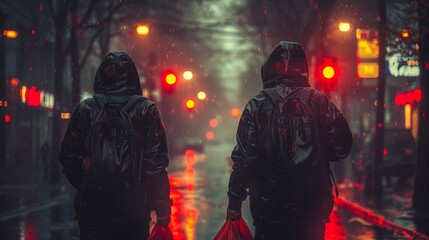 Two hooded individuals run with bags in the streets.