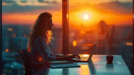 Serene Sunset Serenade Dedicated Businesswoman in Highrise Office Focused on Laptop Work with Stunning View Canon EOS R5 Style