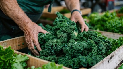 Canvas Print - Farmer's hands holding a bunch of fresh kale. AI.