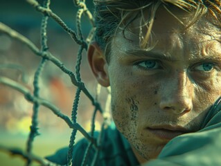 Sticker - Portrait of a young male athlete looking through a chain link fence. AI.