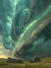 Poster - A dramatic green and grey storm sky looms over a rural landscape. AI.