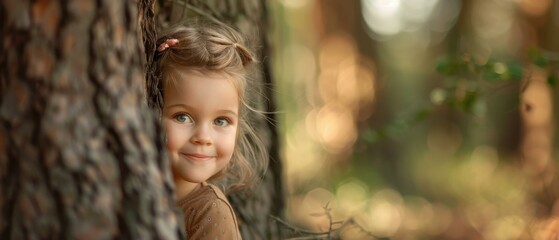 Wall Mural - A cute little girl is hiding behind a tree and peeking out with a smile on her face. AI.