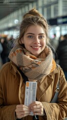 Poster - Young woman smiling while holding a ticket. AI.