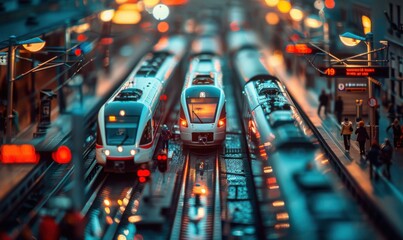 Sticker - A tilt-shift image of a train station with multiple trains and people on the platform. AI.