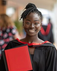 Canvas Print - A young woman in a graduation gown smiles while holding her diploma. AI.