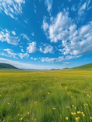 Poster - A beautiful landscape of a vast green field with yellow flowers under a blue sky with white clouds. AI.