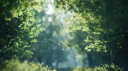 Wall Mural - Natural dorest of woods with sunbeams through fog and leaves branch create mystic atmosphere. natural green beech forest in the morning light. busy forest with wood tree