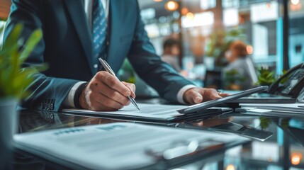 Wall Mural - Digital Collaboration Modern Business Professionals Working Together with Tablet and Paper Documents in Stylish Office Setting Canon EOS R5 Photography