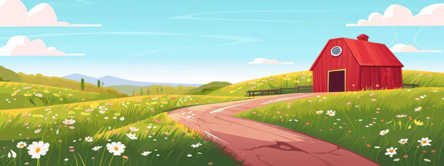 Rural summer landscape with a old farm on white flower field illustration. Spring nature with sunny green hills, meadows, red barn, white clouds, blue sky. Country background for banner, flyer, poster