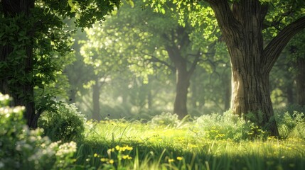 Wall Mural - Natural dorest of woods with sunbeams through fog and leaves branch create mystic atmosphere. natural green beech forest in the morning light. busy forest with wood tree