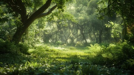 Wall Mural - Natural dorest of woods with sunbeams through fog and leaves branch create mystic atmosphere. natural green beech forest in the morning light. busy forest with wood tree