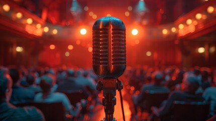 In an auditorium full of expectant spectators, a microphone on a stand is highlighted by a spotlight, and the microphone shines under the spotlight: a compelling performance