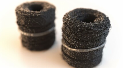 Close-up of two black wire coils bound tightly on a light surface, highlighting their texture and details.