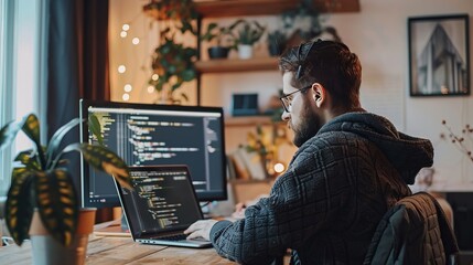 A programmer coding on a laptop in a modern tech startup office with minimalist decor
