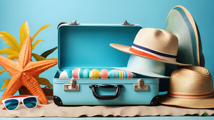 Suitcases with beach accessories on blue background with space for text. Generative AI